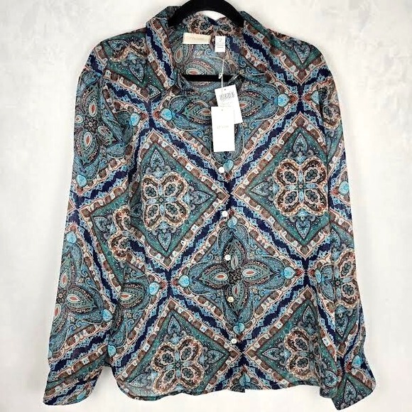 Chicos Button Blouse Top SZ 2 L/14 Semi Sheer Teal Green Paisley Long Sleeve NWT - Picture 1 of 6